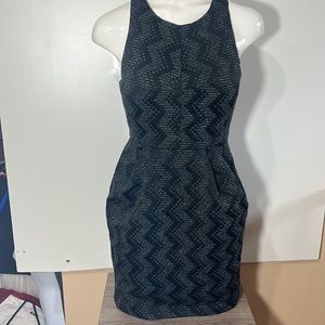 FOREVER 21 BLACK MINI DRESS CRISSCROSS BACK SIDE ZIPPER SILVER SHINY THREADS XS